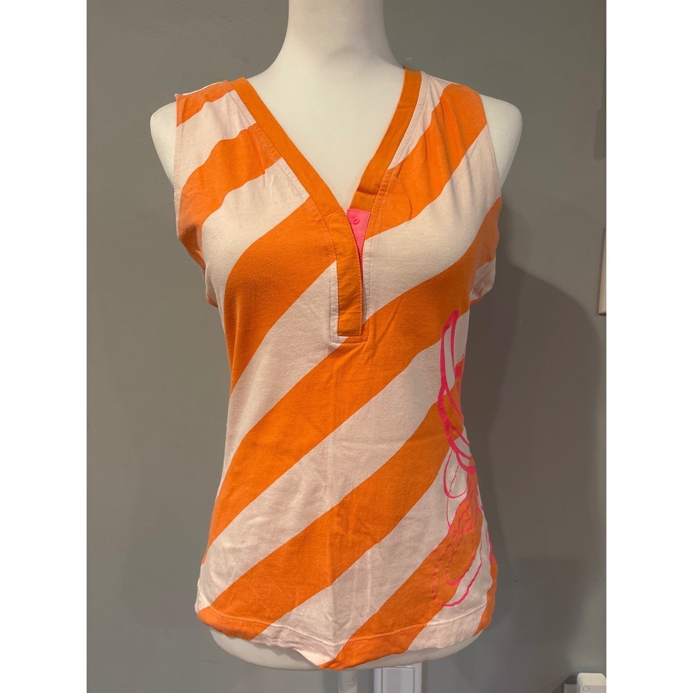 Nike Women's Orange White Striped V-Neck Tank Top Sleeveless Cotton Shirt M